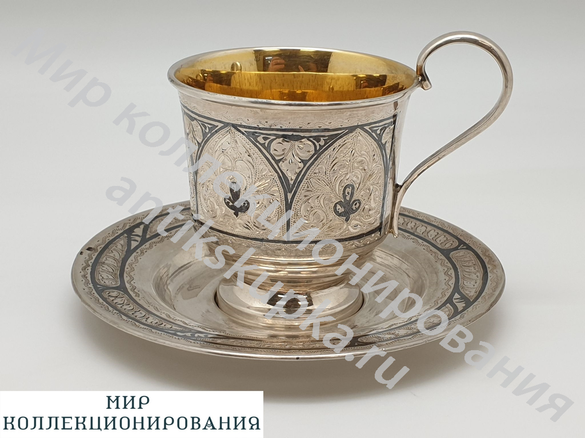 Серебряная чайная кофейная пара чернь. серебро. позолота 875пр Серебряная чайная кофейная пара чернь. серебро. позолота 875пр